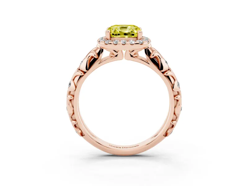 Cushion Cut Leaf Halo Engagement Ring Setting for a Fancy Yellow Lab-Grown Diamond | Bezel Accents | Rose Gold