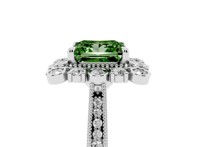 Fancy Green Princess Cut Diamond Halo Milgrain Pavé Ring Set in Platinum with Prong Setting