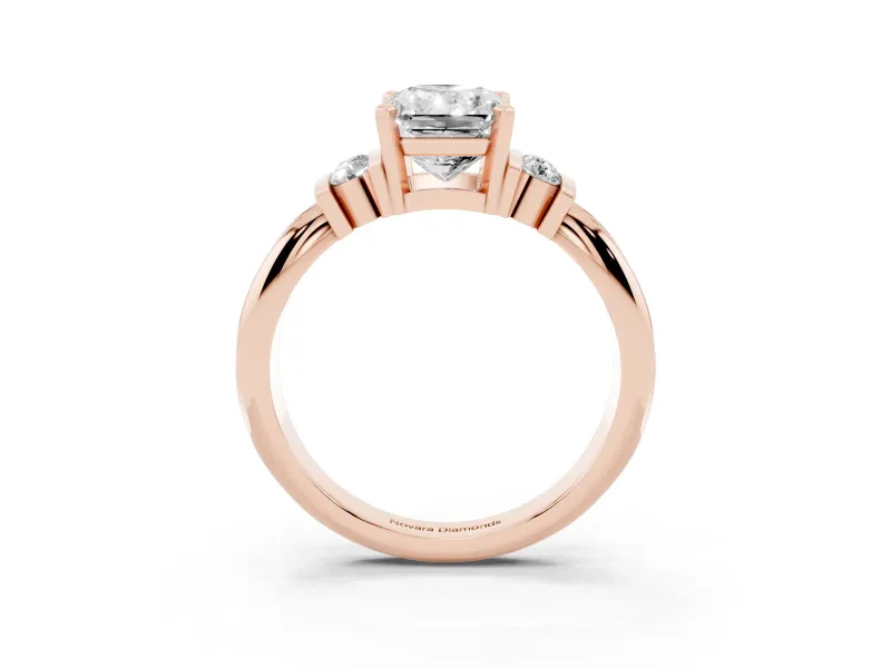 Three-Stone Radiant Cut Diamond Channel Set Ring Set in Rose gold with Bar Prongs