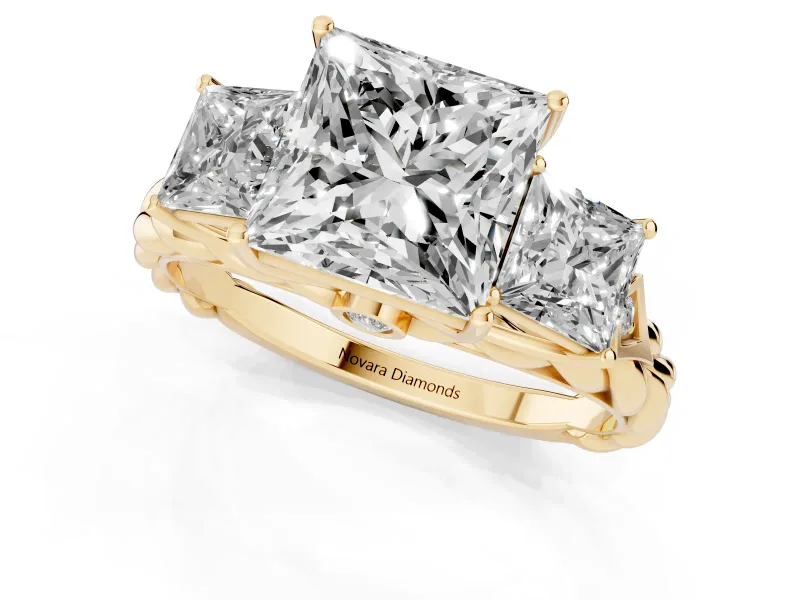 Princess Cut Diamond Three-Stone Ring Set in Yellow gold with Braided Band