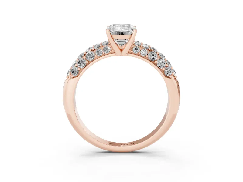 Emerald Cut Multi Row Pave Solitaire Engagement Ring Setting | Domed Shoulders | Rose Gold