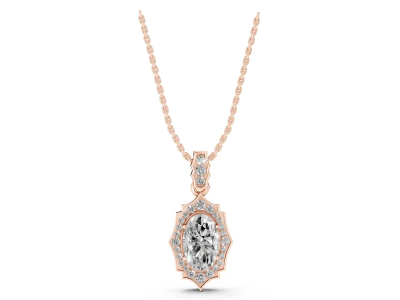 Oval Lab-Grown Diamond Art Deco Halo Pendant Necklace | Scalloped Frame | Rose Gold