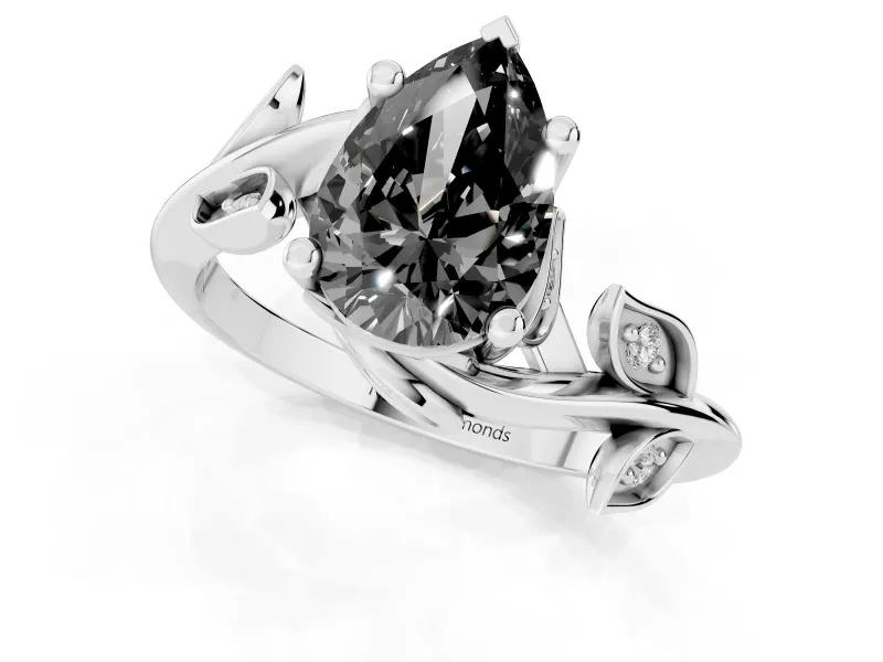 Fancy Black Pear Cut Diamond Solitaire Twist Engagement Ring Set in White gold with Pavé Leaf Accents