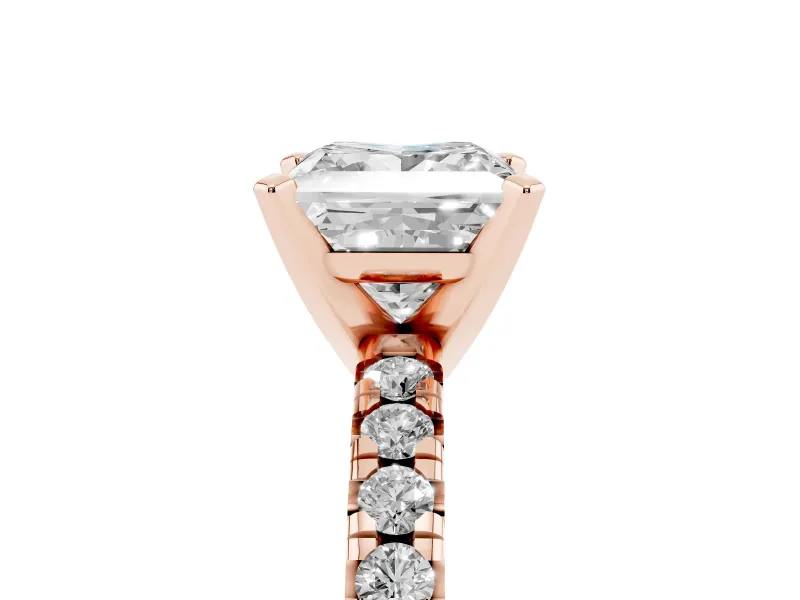 Princess Cut Diamond Solitaire Pavé Engagement Ring Set in Rose gold with Round Band and Prong Setting