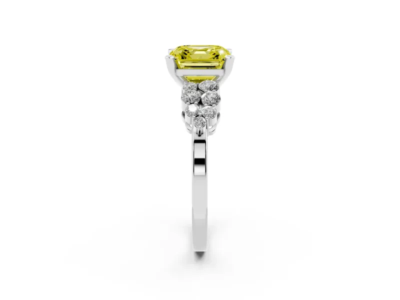 Fancy Yellow Asscher Cut Diamond Cluster Engagement Ring Set in Platinum with Pavé Band and Prong Setting