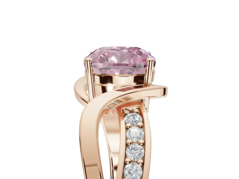 Cushion Cut Bypass Solitaire Engagement Ring Setting for a Fancy Pink Lab-Grown Diamond | Pavé Strands | Rose Gold