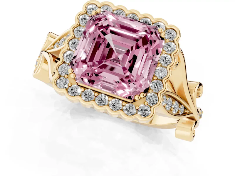 Asscher Cut Leaf Halo Engagement Ring Setting for a Fancy Pink Lab-Grown Diamond | Yellow Gold