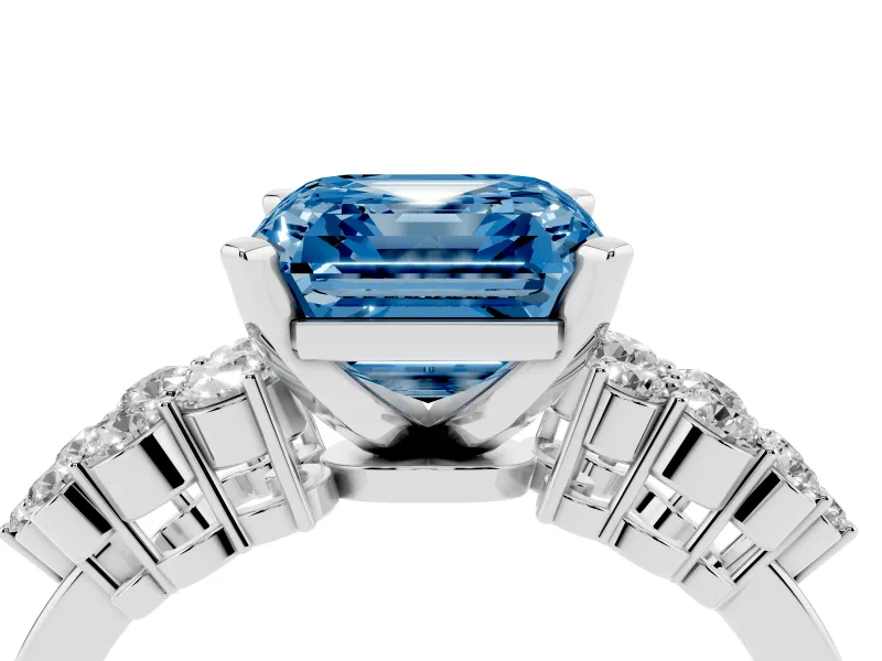 Fancy Blue Asscher Cut Diamond Cluster Engagement Ring Set in Platinum with Pavé Band and Prong Setting