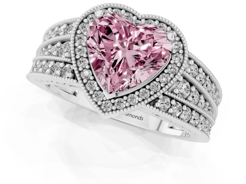 Fancy Pink Heart Cut Diamond Halo Ring Set in Silver with Accent Split Shank and Prong Setting