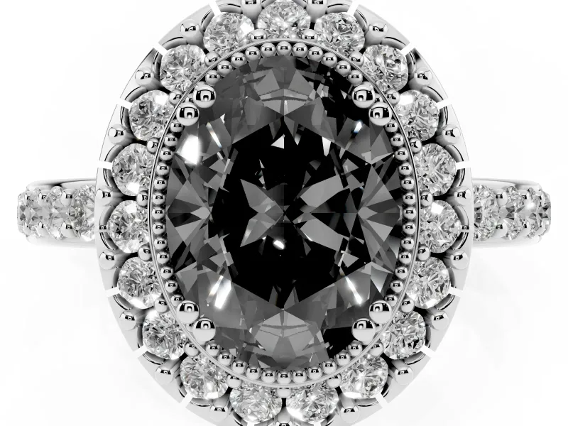 Fancy Black Oval Cut Diamond Halo Ring Set in White gold with Pavé Shank and Prong Setting