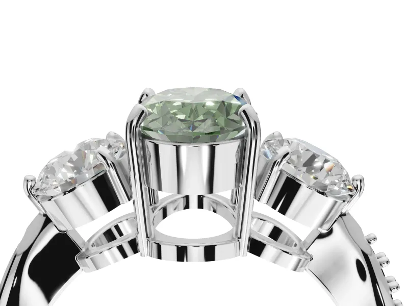 Oval Three Stone Engagement Ring Setting for a Fancy Green Lab-Grown Diamond | Tapered Pave Band | Platinum