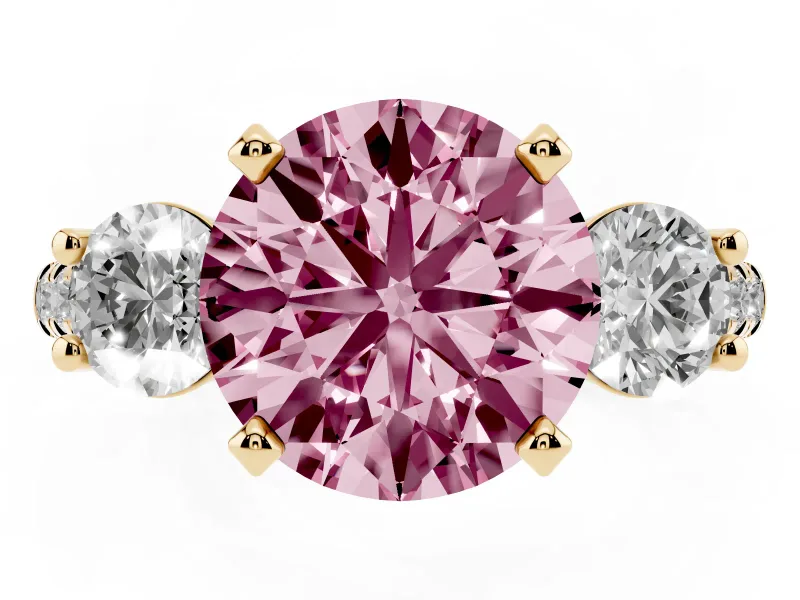 Round Three-Stone Engagement Ring Setting for a Fancy Pink Lab-Grown Diamond | Yellow Gold