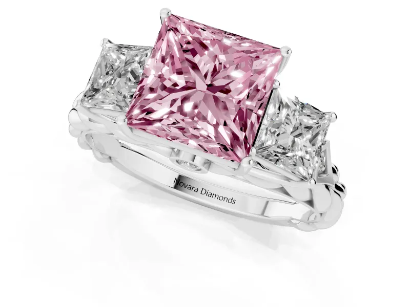 Fancy Pink Princess Cut Diamond Three-Stone Ring Set in Platinum with Braided Band
