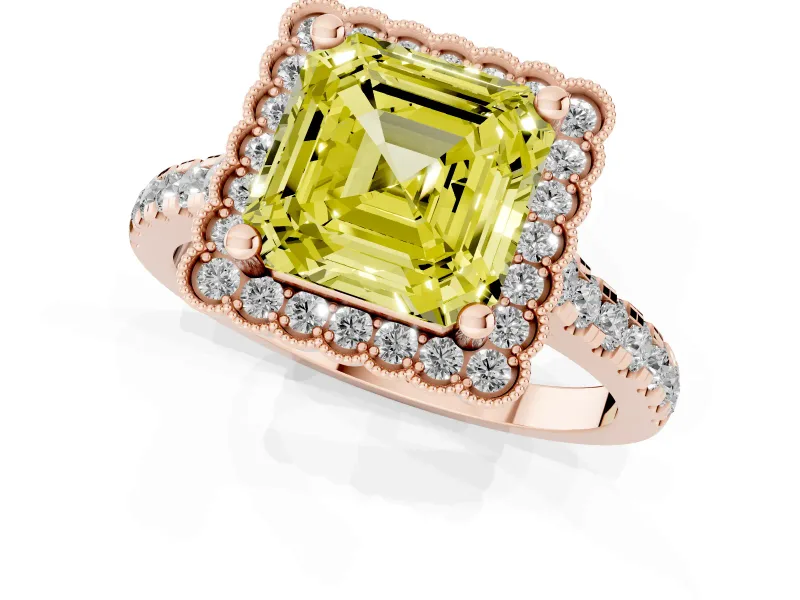 Asscher Cut Milgrain Floral Halo Engagement Ring Setting for a Fancy Yellow Lab-Grown Diamond | Pavé Band | Rose Gold