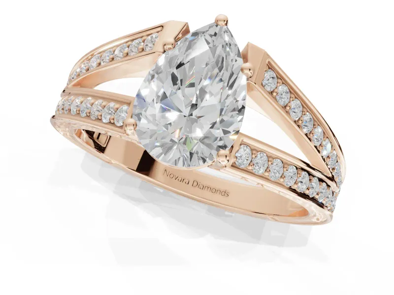 Pear-Shaped Split Shank Pavé Engagement Ring Setting | Engraved Leaf Sides | Rose Gold