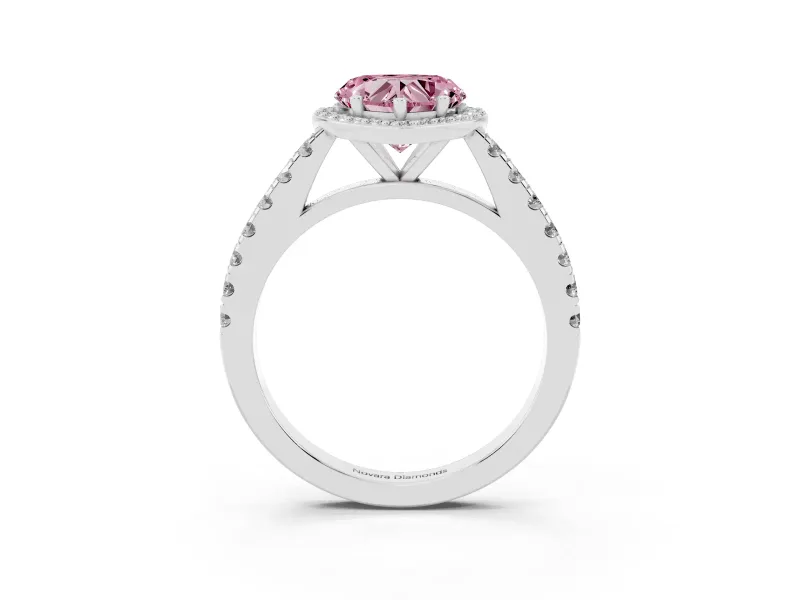 Fancy Pink Heart Cut Diamond Halo Engagement Ring Set in Platinum with Pavé Band and Prong Setting
