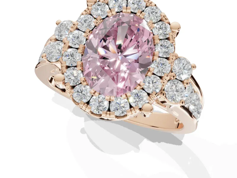 Oval Halo Engagement Ring Setting for a Fancy Pink Lab-Grown Diamond | Side Clusters | Rose Gold