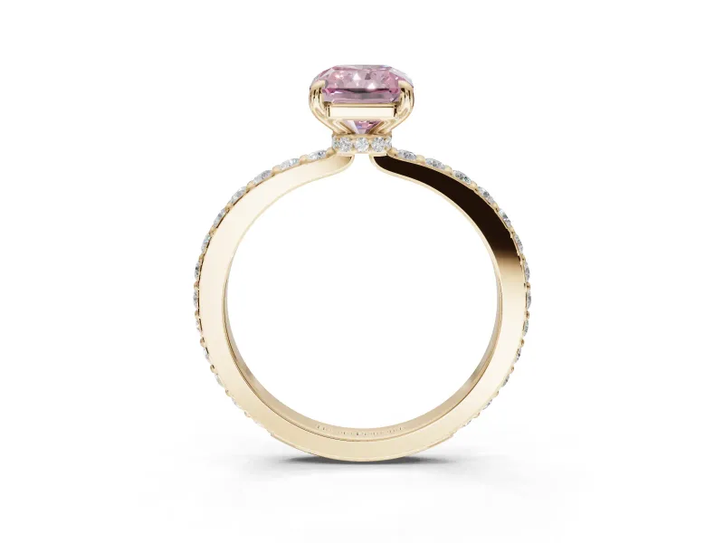 Radiant Cut Hidden Halo Engagement Ring Setting for a Fancy Pink Lab-Grown Diamond | Pavé Band | Yellow Gold