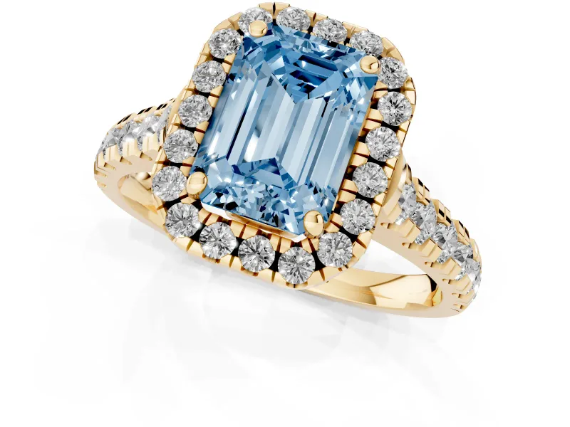 Emerald Cut Accented Halo Engagement Ring Setting for a Fancy Blue Lab-Grown Diamond | Yellow Gold