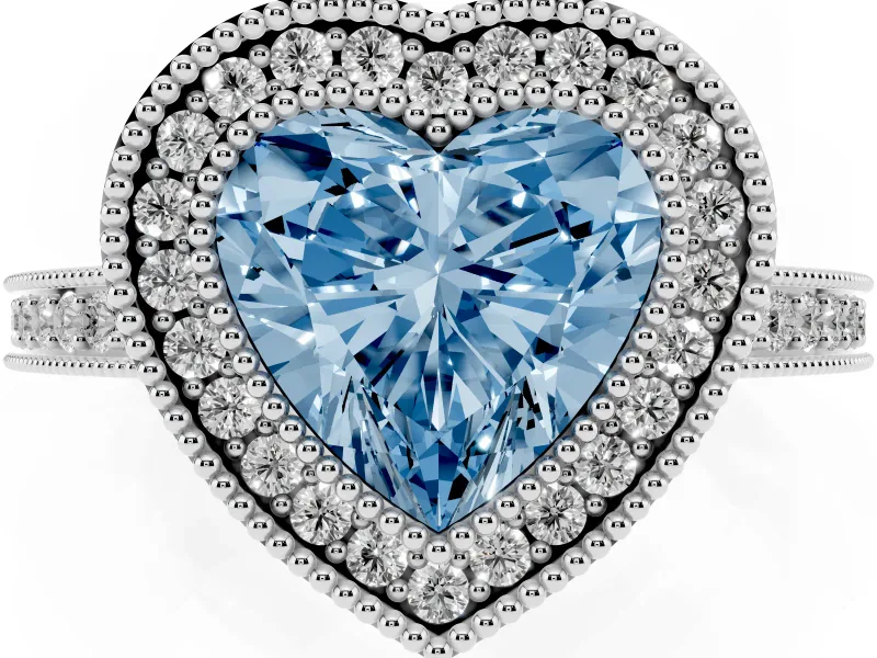 Heart-Shaped Double Milgrain Halo Engagement Ring Setting for a Fancy Blue Lab-Grown Diamond | Pave Band | Platinum