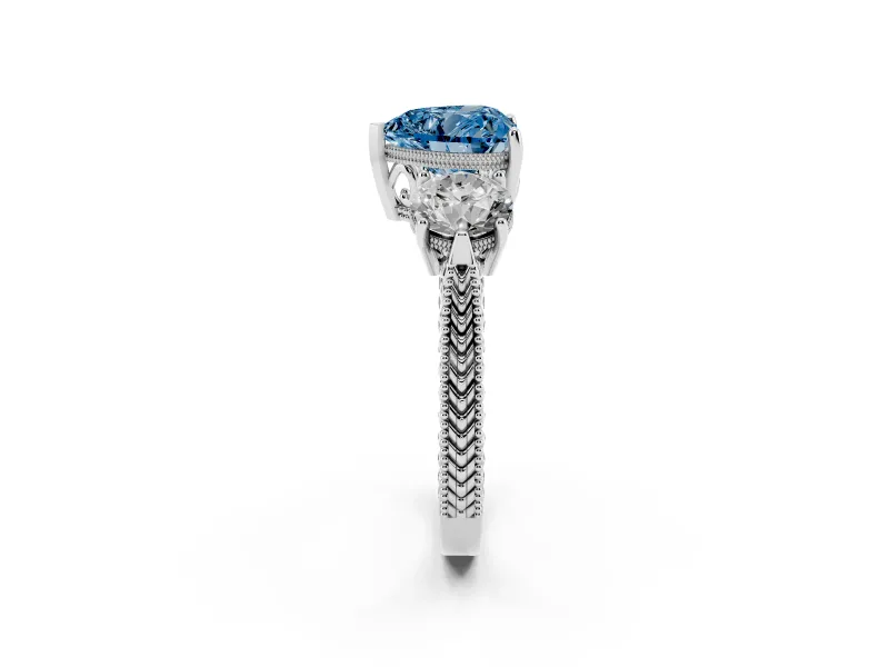 Fancy Blue Heart Cut Diamond Three-Stone Ring Set in Silver with Milgrain Band