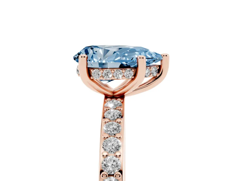 Fancy Blue Pear Cut Diamond Pavé Band Ring Set in Rose gold with Prong-Set Center Stone