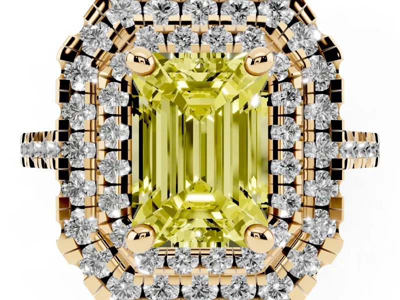 Fancy Yellow Emerald Cut Diamond Double Halo Statement Ring Set in Yellow gold with Pavé Band