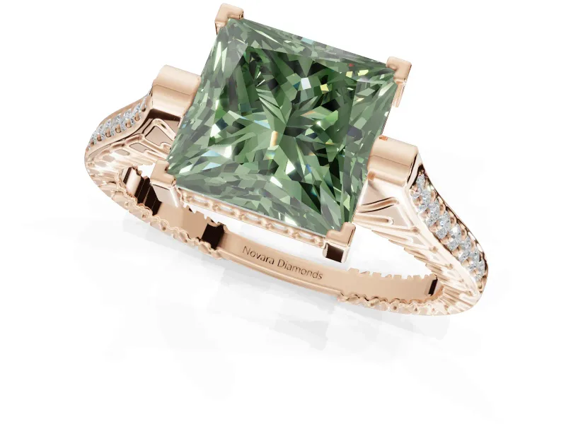 Princess Cut Vintage Cathedral Engagement Ring Setting for a Fancy Green Lab-Grown Diamond | Carved Band | Rose Gold