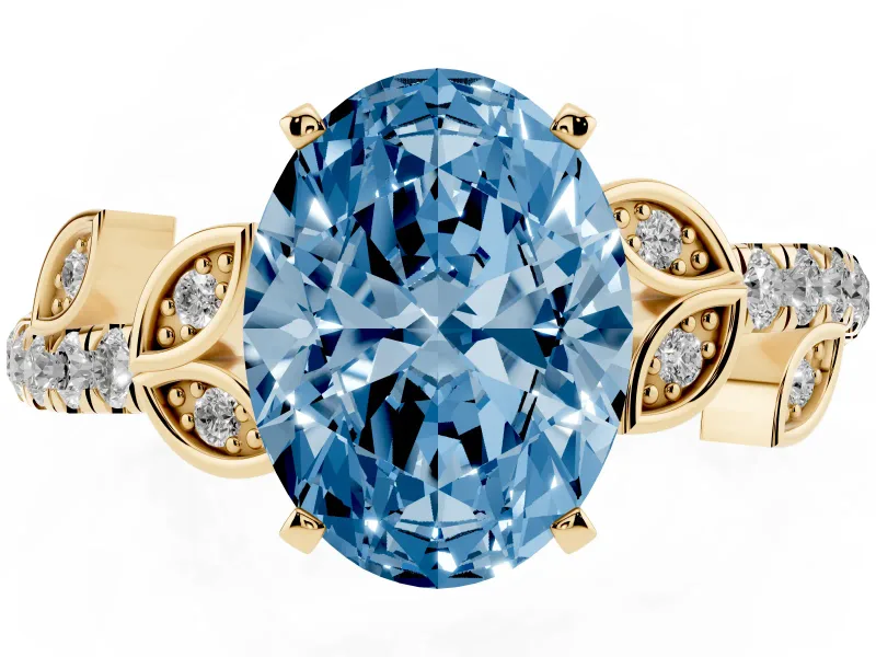 Fancy Blue Oval Cut Diamond Solitaire Leaf-Inspired Ring Set in Yellow gold with Pavé Band and Prong Setting