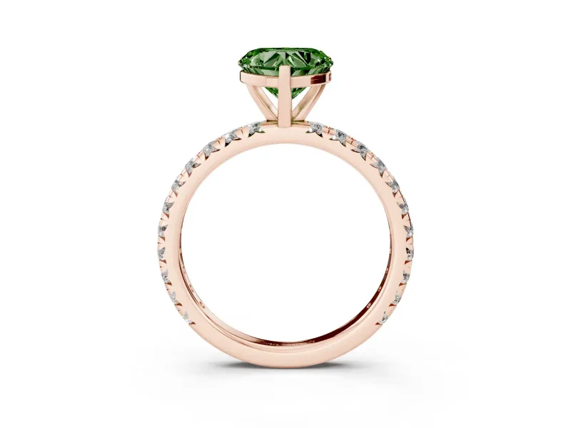 Fancy Green Heart Cut Diamond Pavé Solitaire Ring Set in Rose gold with Round Band and Prong Setting