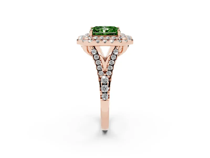 Radiant Cut Halo Split Shank Engagement Ring Setting for a Fancy Green Lab-Grown Diamond | Pavé Strands | Rose Gold