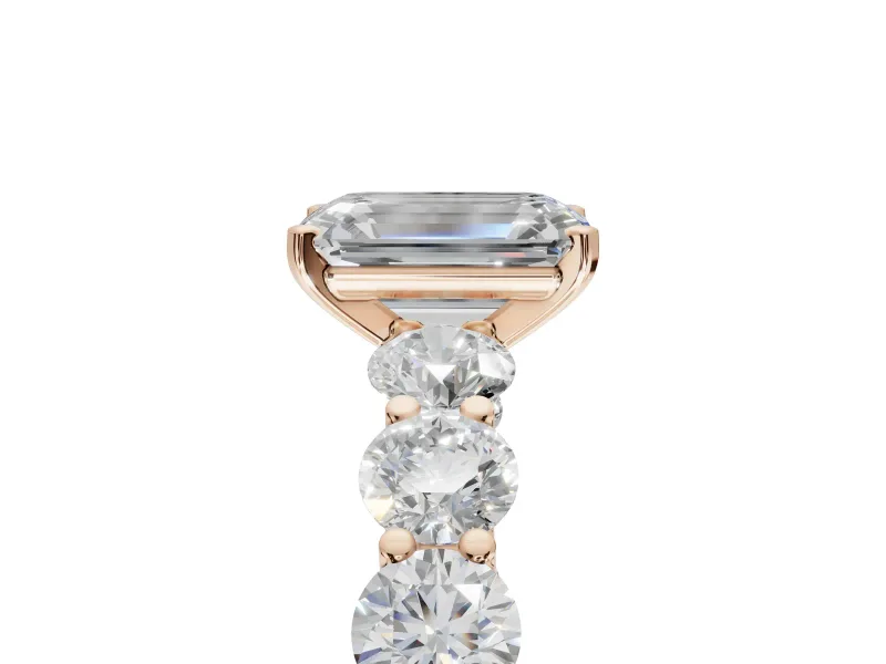 Emerald Cut Side Stone Engagement Ring Setting | Scalloped Prong Accents | Rose Gold
