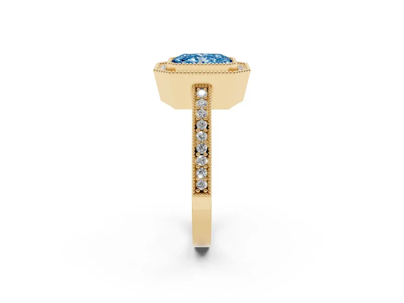 Radiant Cut Milgrain Halo Engagement Ring Setting for a Fancy Blue Lab-Grown Diamond | Pave Band | Yellow Gold