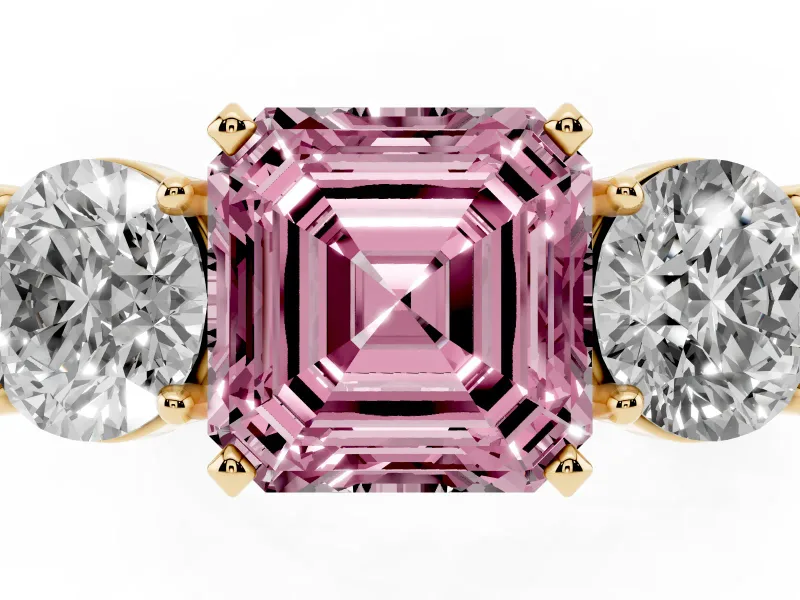 Asscher Cut Three Stone Engagement Ring Setting for a Fancy Pink Lab-Grown Diamond | Wide Plain Band | Yellow Gold