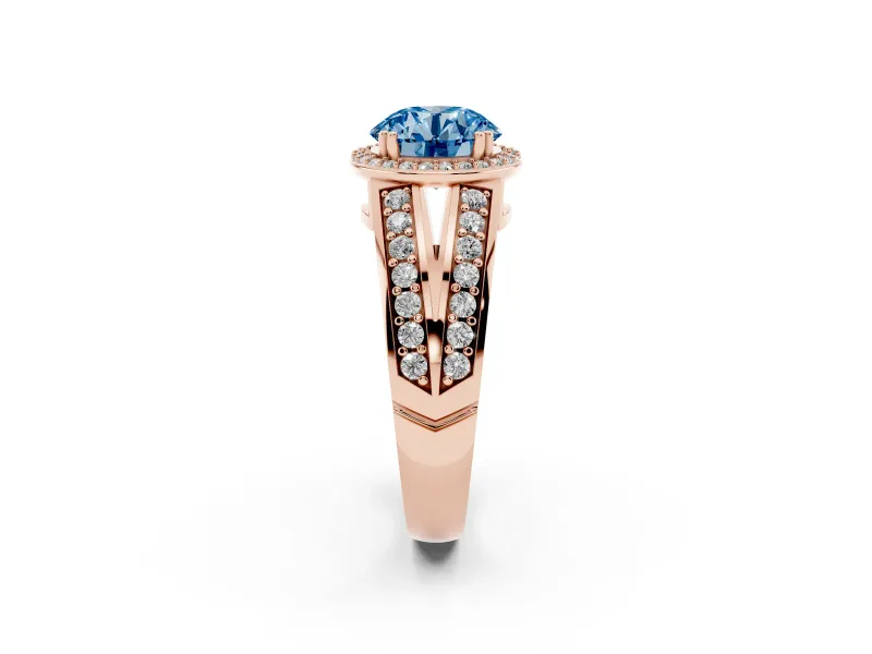 Round Halo Engagement Ring Setting for a Fancy Blue Lab-Grown Diamond | Split Shank | Rose Gold