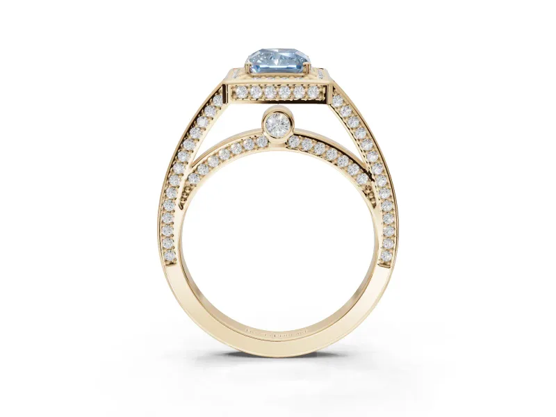 Radiant Cut Sectioned Halo Engagement Ring Setting for a Fancy Blue Lab-Grown Diamond | Yellow Gold
