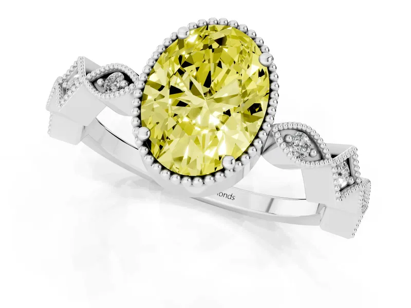 Fancy Yellow Oval Cut Diamond Milgrain Marquise Twist Band Ring Set in White gold with Prong Setting