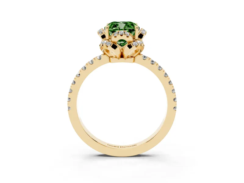 Fancy Green Cushion Cut Diamond Halo Pavé Band Ring Set in Yellow gold with Prong-Held Center