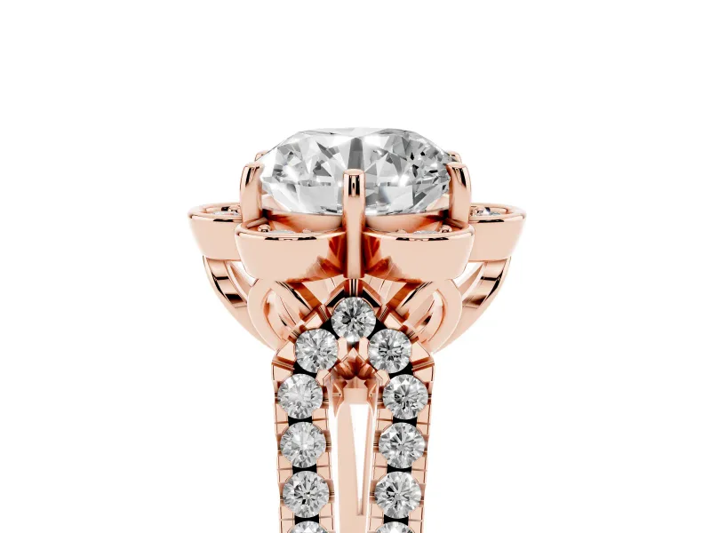 Round Petal Frame Floral Halo Engagement Ring Setting | Pavé Split Shank | Rose Gold