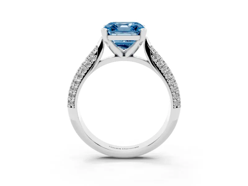 Fancy Blue Asscher Cut Diamond Solitaire Engagement Ring Set in White gold with Multi-Row Round Pavé Band and Prong Setting