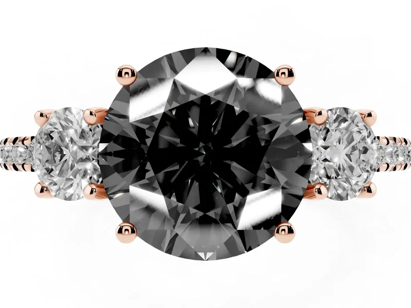 Fancy Black Round Cut Diamond Three-Stone Ring Set in Rose gold with Pavé Band and Graduated Sides