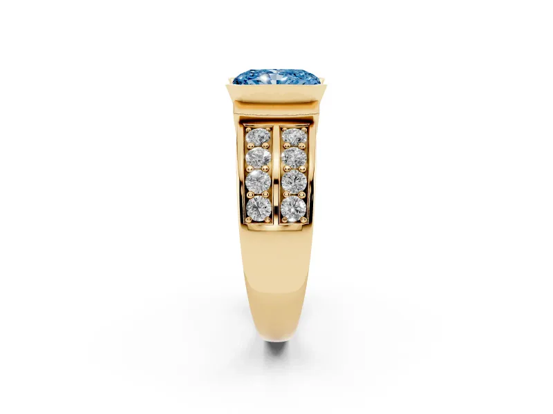Radiant Cut Half Bezel Engagement Ring Setting for a Fancy Blue Lab-Grown Diamond | Channel Band | Yellow Gold