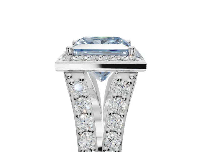 Princess Cut Halo Pavé Engagement Ring Setting for a Fancy Blue Lab-Grown Diamond | Narrow Split Shank | White Gold