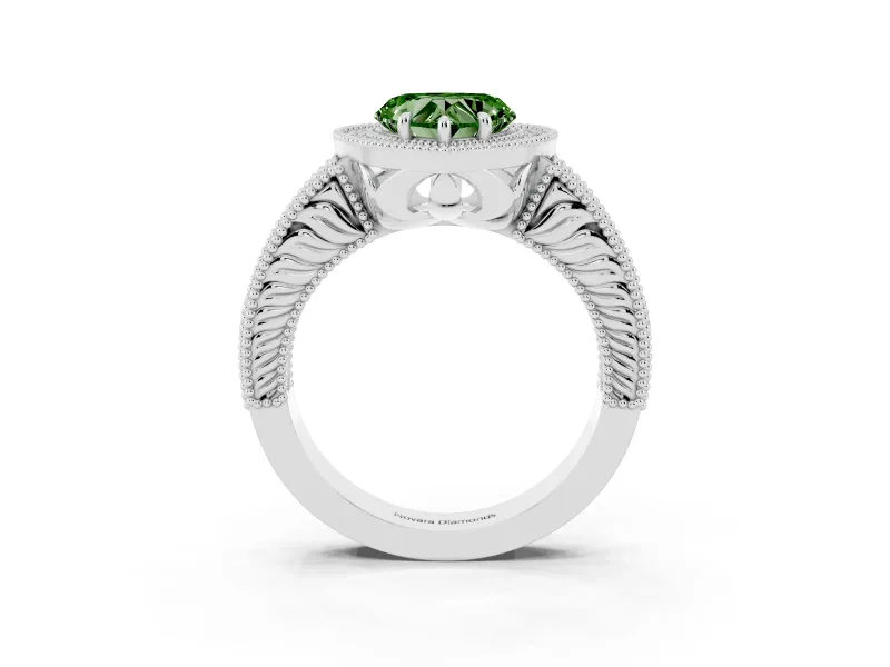 Fancy Green Heart Cut Diamond Halo Ring Set in Platinum with Round Accent Halo, Pavé Band and Prong Setting