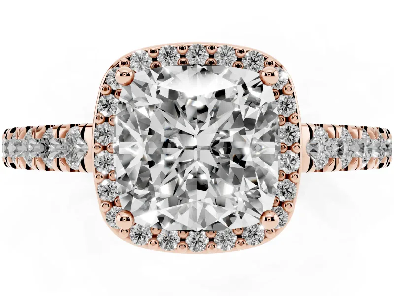 Cushion Cut Diamond Halo Engagement Ring Set in Rose gold with Pavé Band and Prong Setting