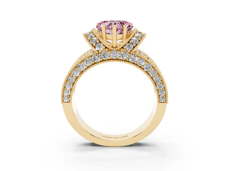 Heart-Shaped Vintage Pave Engagement Ring Setting for a Fancy Pink Lab-Grown Diamond | Milgrain Edges | Yellow Gold