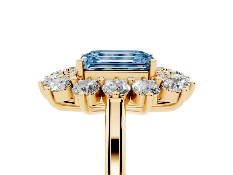 Emerald Cut Floral Double Halo Engagement Ring Setting for a Fancy Blue Lab-Grown Diamond | Plain Band | Yellow Gold