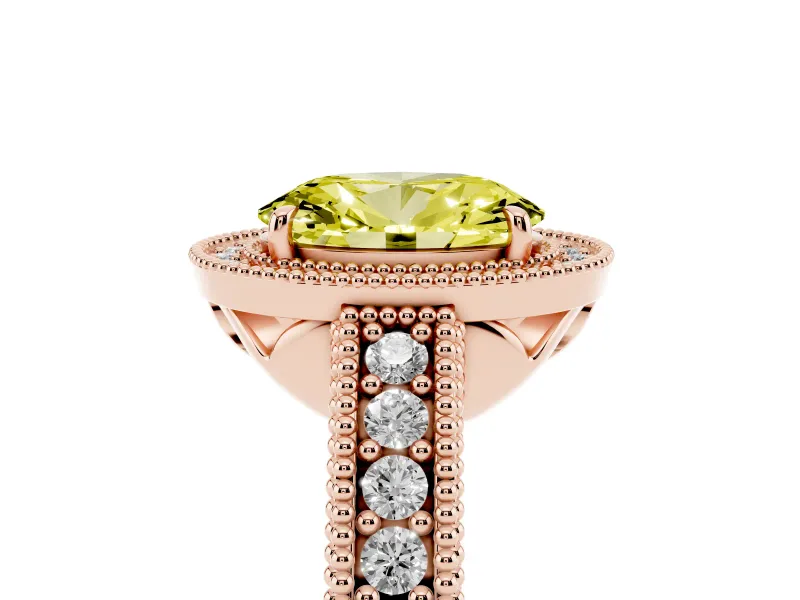 Fancy Yellow Oval Cut Diamond Halo Ring Set in Rose gold with Round Accent Halo, Pavé Band and Prong Setting