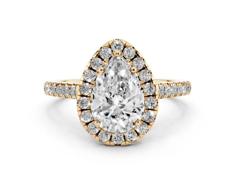 Pear Cut Diamond Pavé Halo Engagement Ring Set in Yellow gold with Pavé Band and Prong Setting