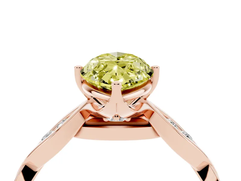 Fancy Yellow Marquise Cut Diamond Twist Band Solitaire Ring Set in Rose gold with Leaf Prong Setting and Accent Stones